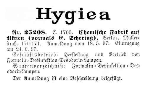 Warenzeichen Hygiea Formalinlampe